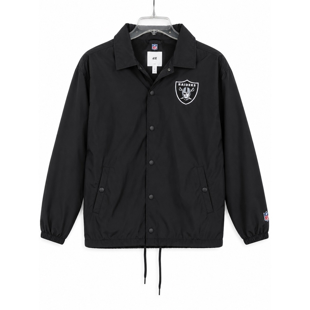 H&M NFL Las Vegas Raiders Coach Jacket Mens L Black Snap Front Windbreaker Logo